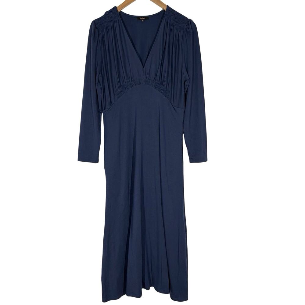 Quince Tencel Jersey V Neck Long Sleeve Midi Dress Navy Size Medium Minimalist